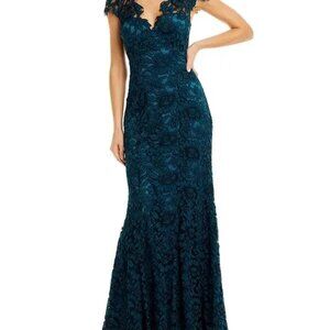NWT Eliza J Scalloped-Edge Lace Gown Dress PEACOCK EMERALD